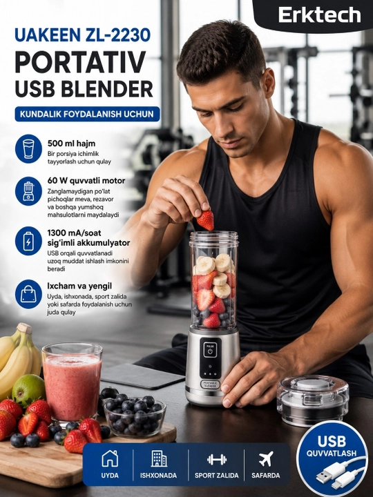 Blender, blinder, mini blinder, UAKEEN ZL-2230 portativ USB-blenderi, 500 ml, 60 Vt
