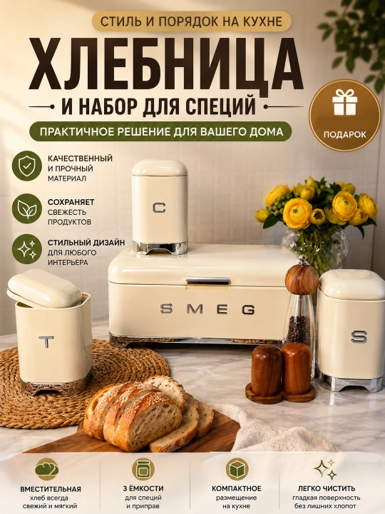 Хлебница металлическая с набором банок для специй и сыпучих продуктов, кухонный набор - 