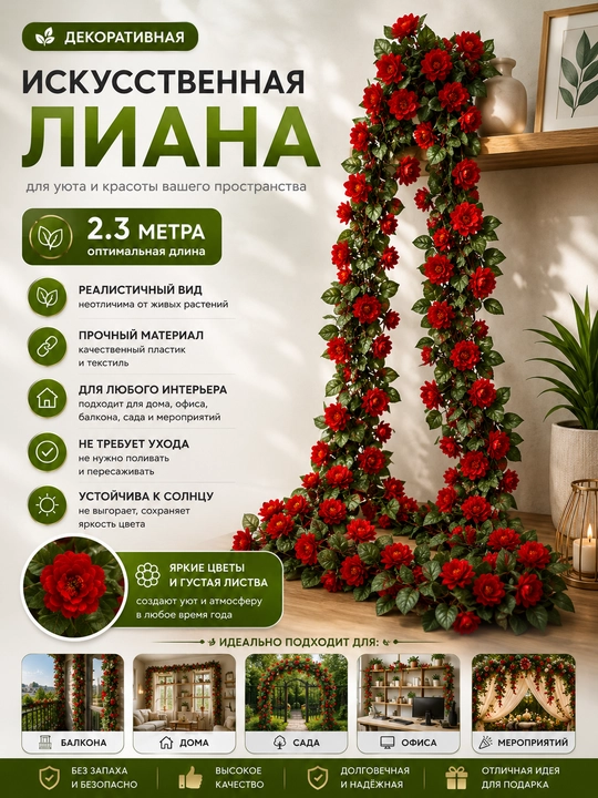 Sun'iy dekorativ liana 1.7-2.3 m, ekoplastik interyer bezagi - 
