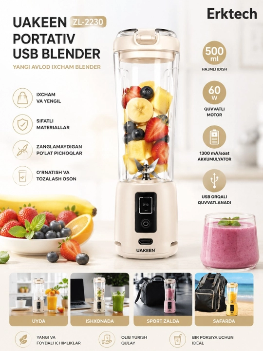 Blender, blinder, mini blinder, UAKEEN ZL-2230 portativ USB-blenderi, 500 ml, 60 Vt