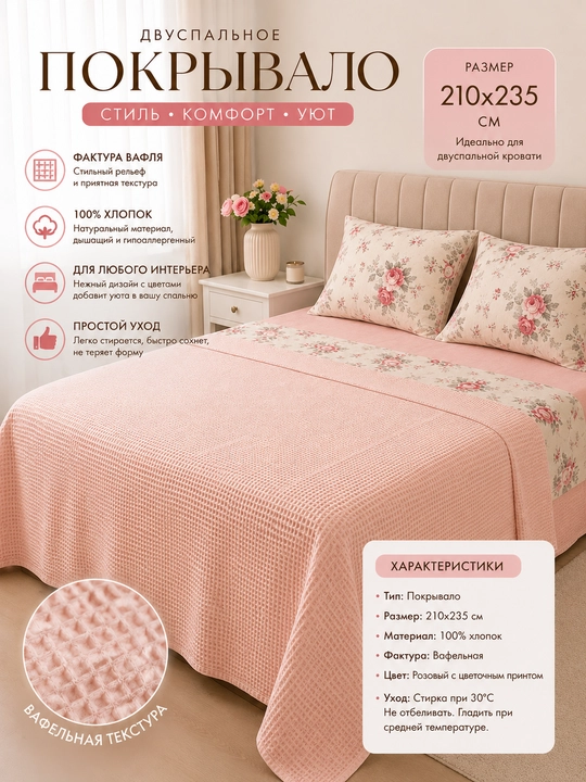 Покрывало Premium Waffle Powder Pink – декоративное покрывало на кровать - 