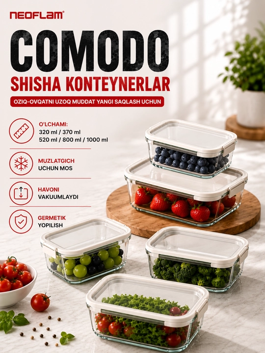 NEOFLAM COMODO Shisha oziq-ovqat konteynerlari to‘plami 5 dona, germetik qopqoqli - 