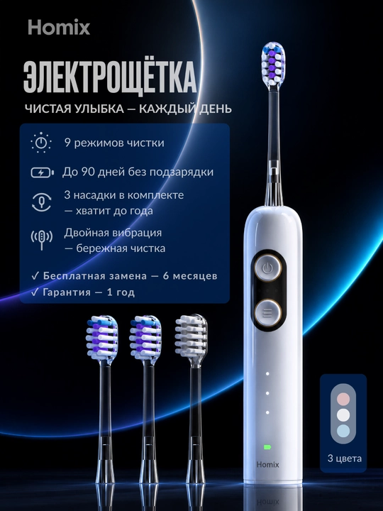 Электрическая зубная щётка Homix, 9 режимов, 3 насадки (2 DuPont+мягкая), IPX7, Type-C - 