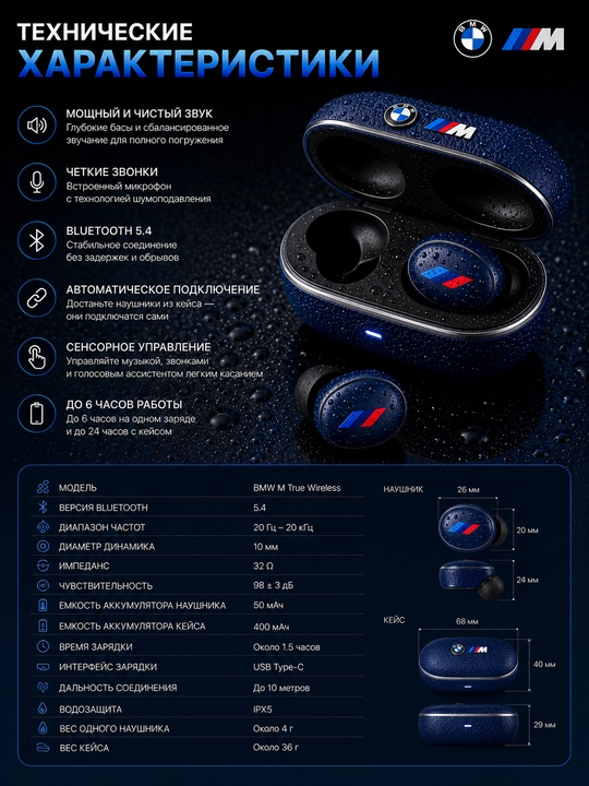 Simsiz quloqchinlar BMW M TWS, Bluetooth 5.4, HD qo‘ng‘iroqlar, sensorli boshqaruv