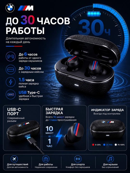 Simsiz quloqchinlar BMW M TWS, Bluetooth 5.4, HD qo‘ng‘iroqlar, sensorli boshqaruv