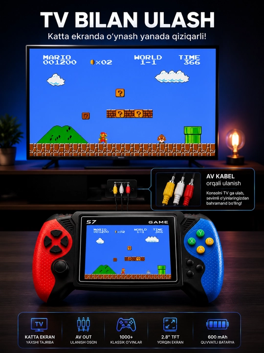 S7 portativ o‘yin konsoli, ekranli, AV ulanish va retro o‘yinlar bilan