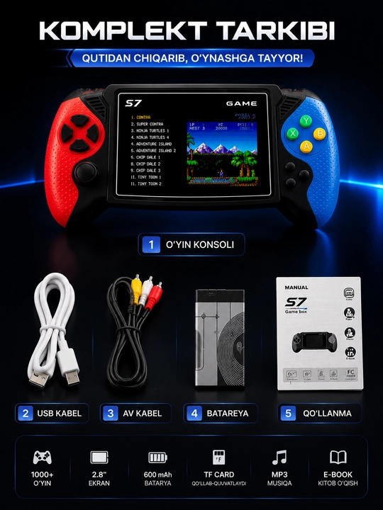 S7 portativ o‘yin konsoli, ekranli, AV ulanish va retro o‘yinlar bilan