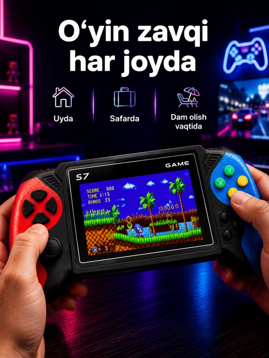 S7 portativ o‘yin konsoli, ekranli, AV ulanish va retro o‘yinlar bilan