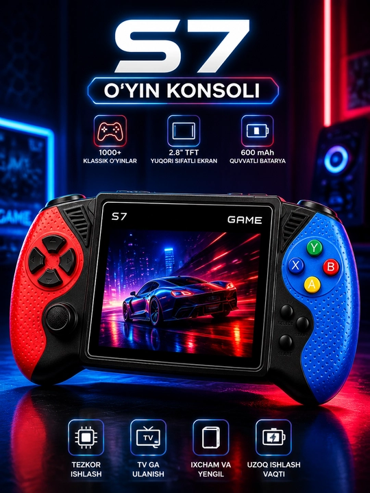 S7 portativ o‘yin konsoli, ekranli, AV ulanish va retro o‘yinlar bilan