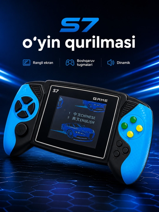 S7 portativ o‘yin konsoli, ekranli, AV ulanish va retro o‘yinlar bilan