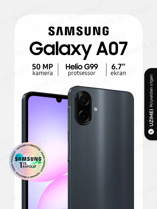 Smartfon Samsung Galaxy A07, 6.7" dyuym displey, 90Hz, 50Mp kamera, IP54 Himoya - 