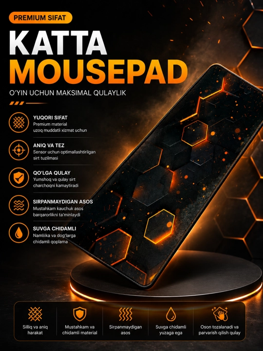 Katta Gaming Mousepad – Sirpanmaydigan, Tezkor Harakat va Yuqori Aniqlik uchun Gilamcha - 