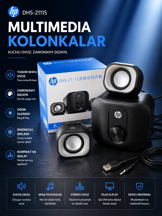 USB va 3,5 mm li HP DHS-2111S 2.1 multimedia akustik tizimi - 