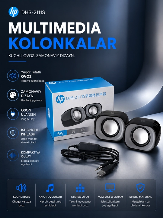 HP DHS-2111 multimedia kolonka – kuchli va tiniq stereo tovush - 