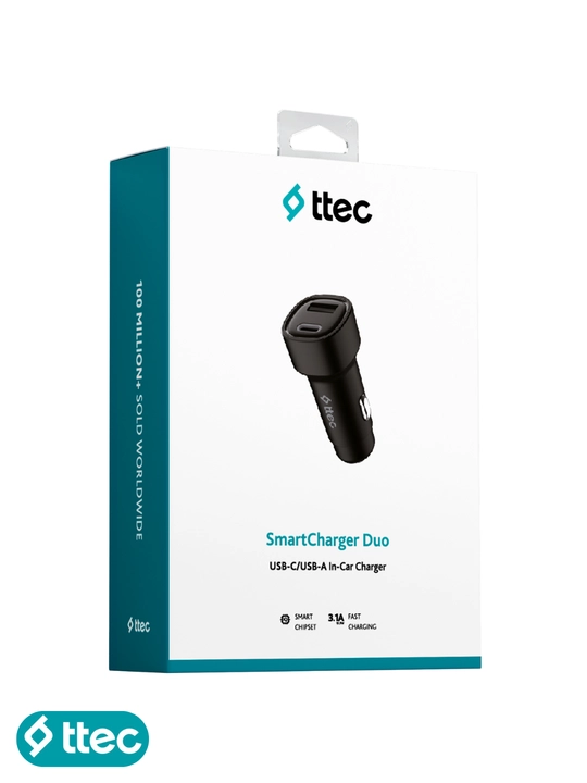 TTEC 15.5W avtomobil zaryadlagichi, USB-C + USB-A, Duo 3.1A, Qora