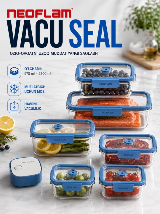 NEOFLAM VACU SEAL Vakuum oziq-ovqat konteynerlari to‘plami 6 dona + vakuum nasosi - 