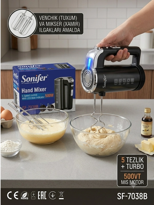 Миксер Sonifer SF-7038B, 500 Вт, 5 скоростей, Turbo, насадки из нержавеющей стали