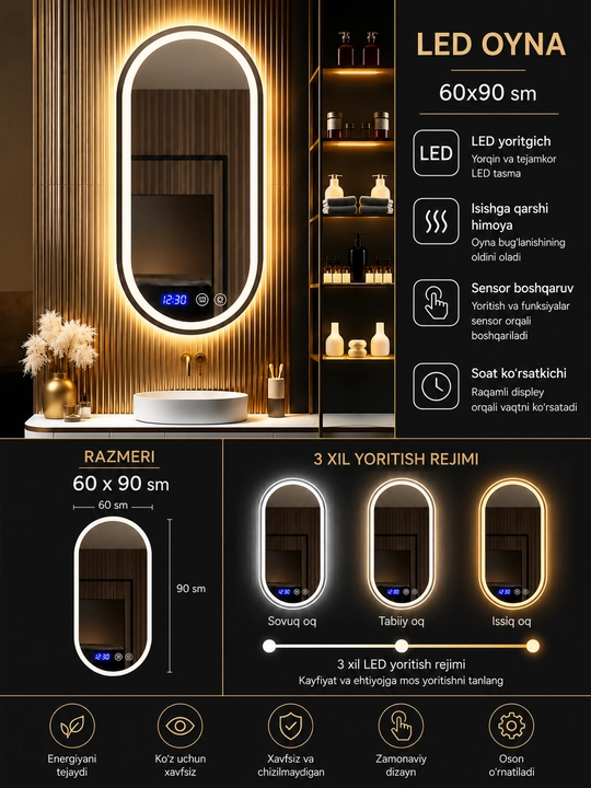 LED yoritgichli sensorli hammom oynasi 40×80 sm, raqamli soat, 3 xil yoritish rejimi - 