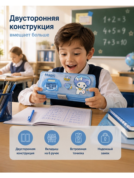 Пенал с калькулятором и точилкой двусторонний школьный для девочек мальчиков