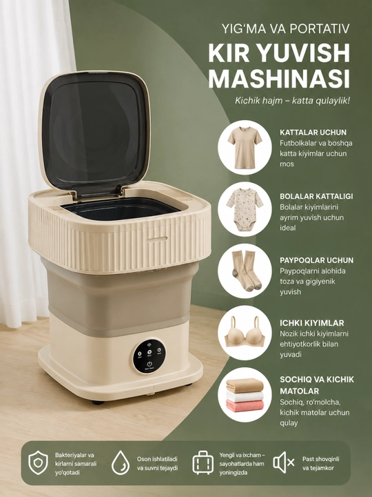 Yig‘iladigan portativ kichik kir yuvish mashinasi, 4,5 l - 