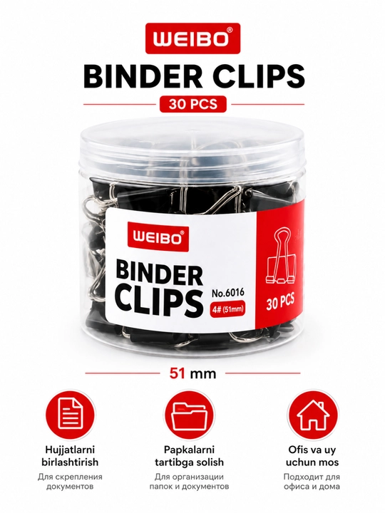 WEIBO Binder Clips qog'oz qisqichi, 51 mm, 30 dona