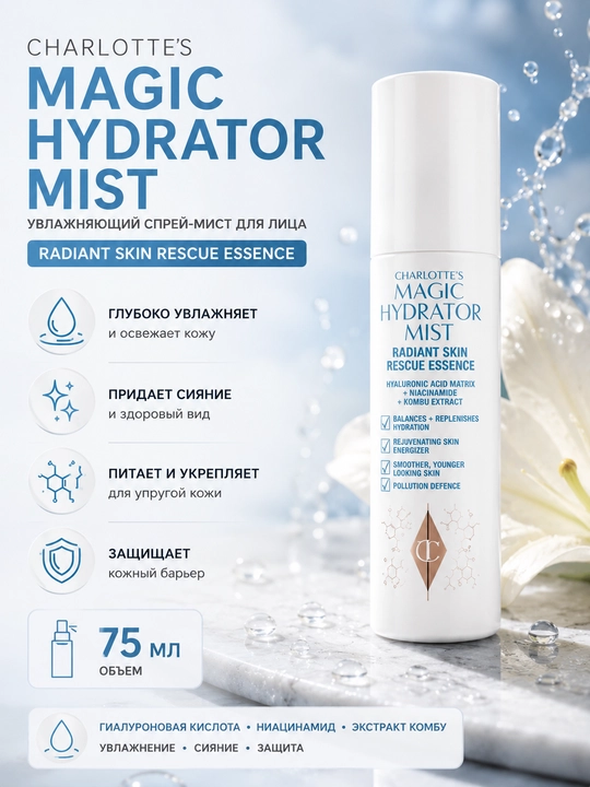 Charlotte Tilbury Magic Hydrator Mist yuz uchun namlovchi essensiya-sprey - 
