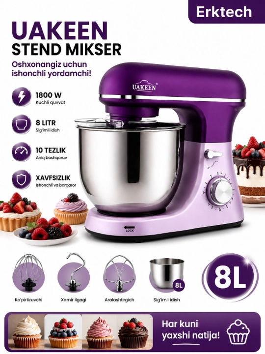 Mikser, Mikser planetar UAKEEN ZL-1609, 8 litr, 1800 Vt, 6 tezlik, metall kosa - 