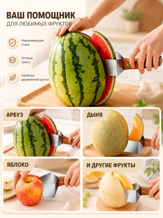 Треугольный нож для арбуза и дыни с деревянной ручкой