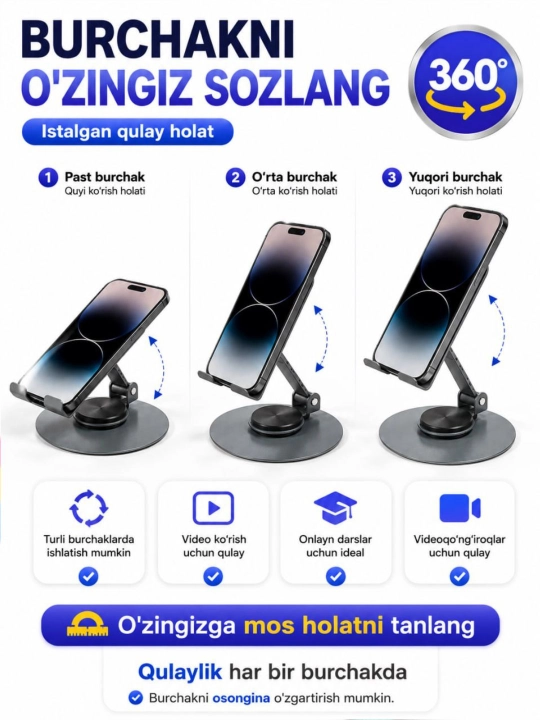 Telefon va planshetlar uchun 360 gradusga buriladigan metall tutqich, telefon pastafka