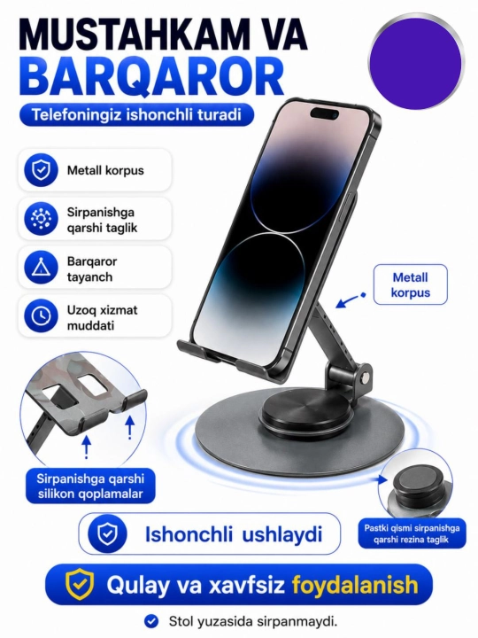 Telefon va planshetlar uchun 360 gradusga buriladigan metall tutqich, telefon pastafka