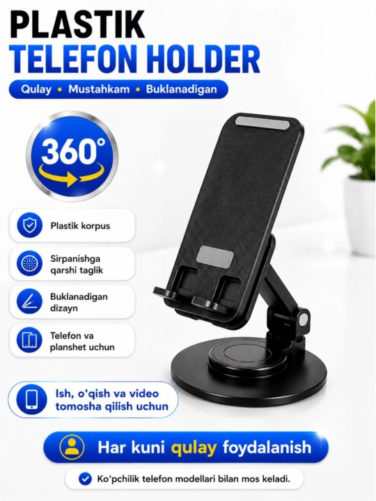 Telefon va planshetlar uchun 360 gradusga buriladigan metall tutqich, telefon pastafka - 