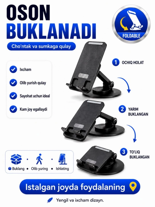 Telefon va planshetlar uchun 360 gradusga buriladigan metall tutqich, telefon pastafka