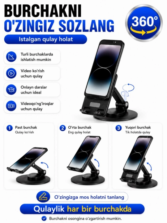 Telefon va planshetlar uchun 360 gradusga buriladigan metall tutqich, telefon pastafka