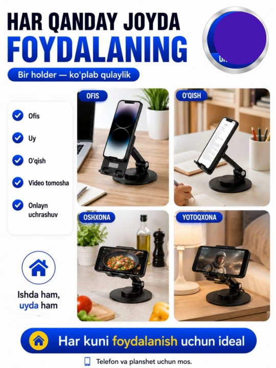 Telefon va planshetlar uchun 360 gradusga buriladigan metall tutqich, telefon pastafka