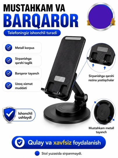 Telefon va planshetlar uchun 360 gradusga buriladigan metall tutqich, telefon pastafka