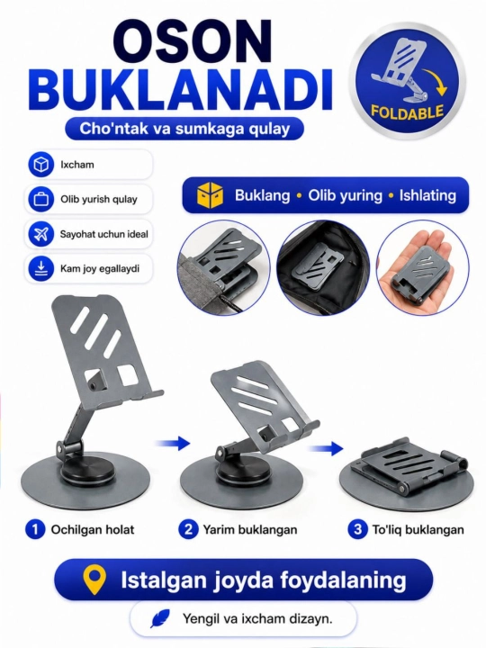 Telefon va planshetlar uchun 360 gradusga buriladigan metall tutqich, telefon pastafka - 