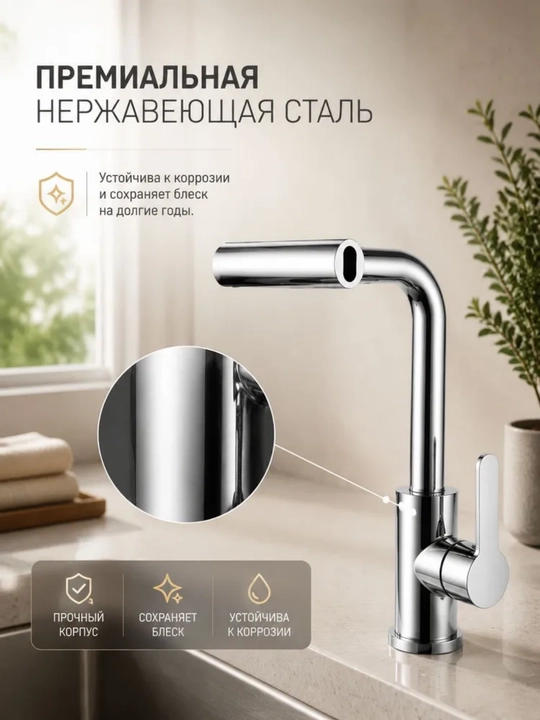 Кухонный смеситель, 4 режима воды, плавное и тихое управление