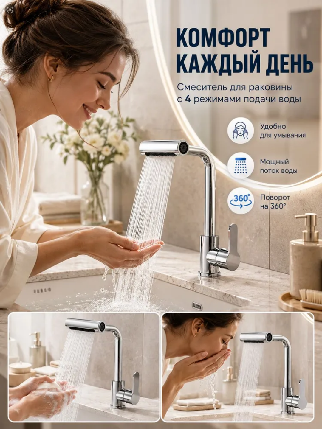 Кухонный смеситель, 4 режима воды, плавное и тихое управление