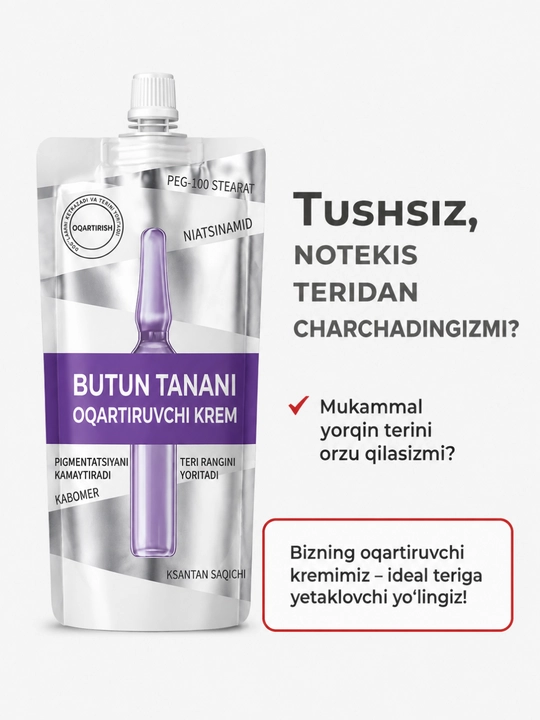 Niatsinamid loson, tana uchun krem, oqartiruvchi loson, tana parvarishi, namlovchi krem