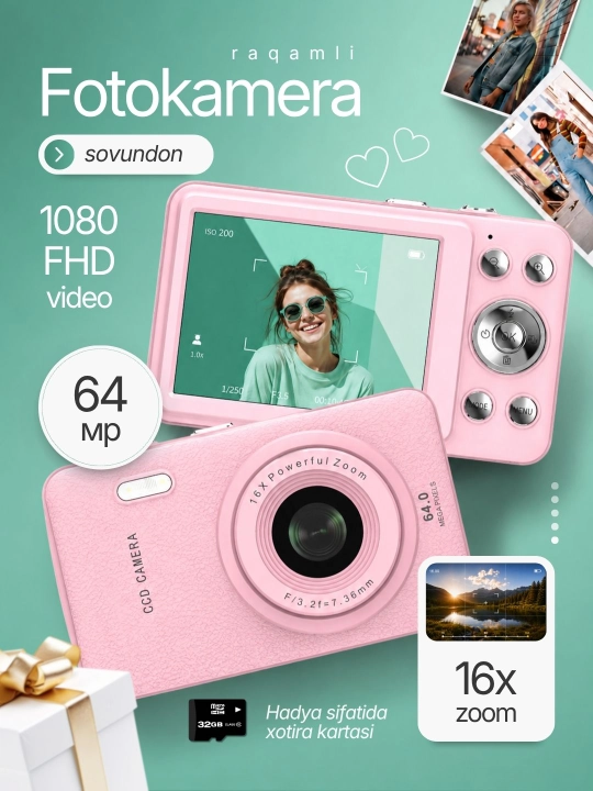 Raqamli fotoapparat, cho'ntak kamerasi, bolalar uchun kamera - 
