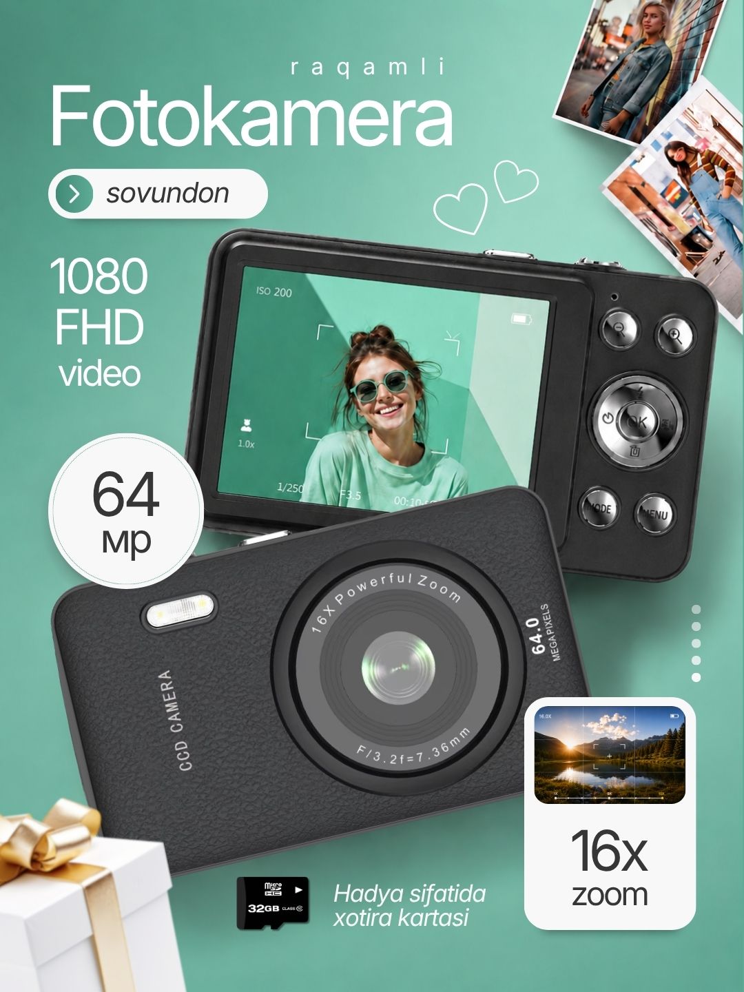 Raqamli fotoapparat, cho'ntak kamerasi, bolalar uchun kamera - 