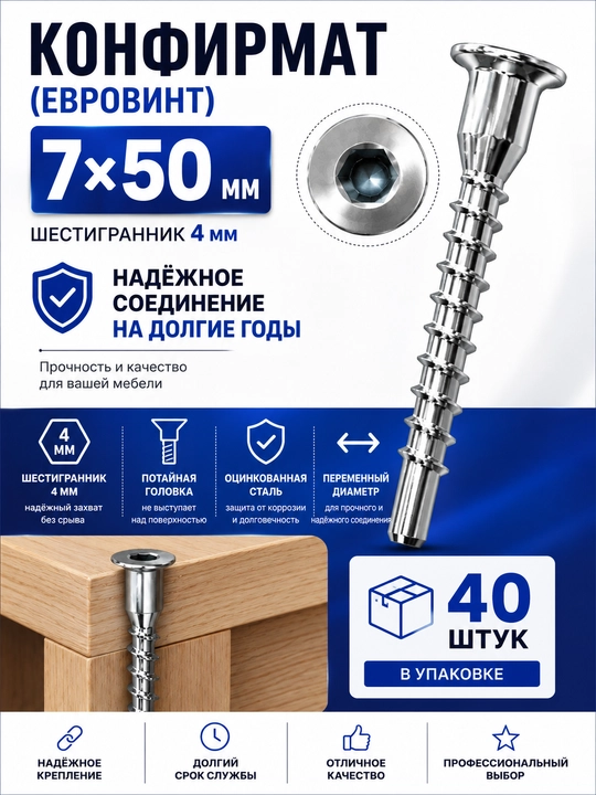 Konfirmat (Evrovint) 7×50 mm – Mebel uchun vint, 4 mm olti qirrali, ruxlangan, 40 dona - 