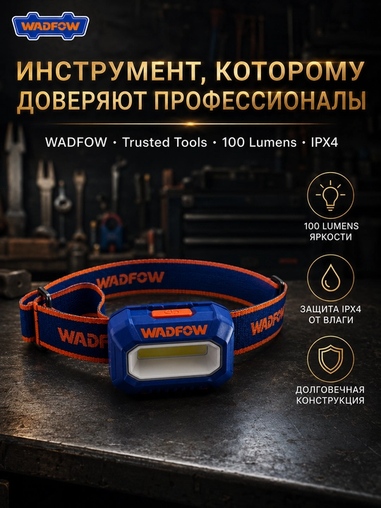 Налобный фонарь, строительный, WADFOW 100 люмен IPX4, водонепроницаемый, LED COB
