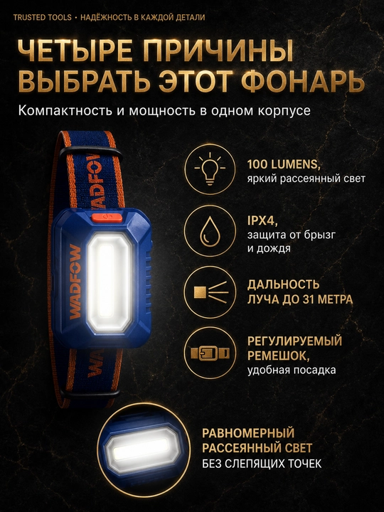 Налобный фонарь, строительный, WADFOW 100 люмен IPX4, водонепроницаемый, LED COB