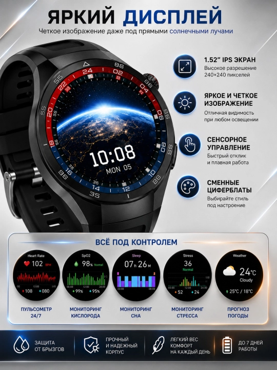 C15 Pro smart soat, Bluetooth qo'ng'iroq, dumaloq ekran, metall korpus, Android/iOS