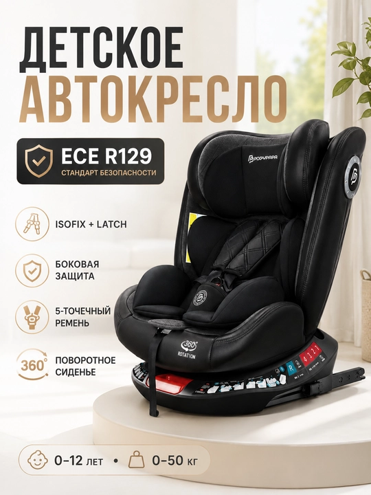 Bolalar avtokreslosi 0–12 yosh, ISOFIX + LATCH, 360°, ECE R129, 50 kg gacha - 