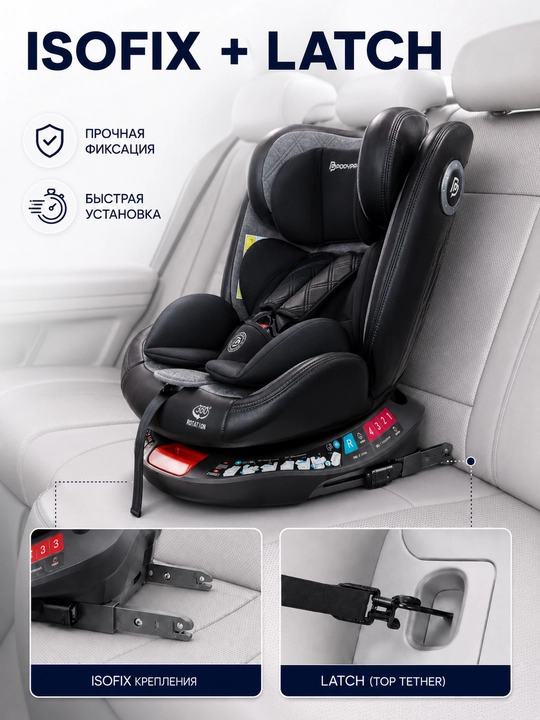 Детское автокресло 0–12 лет, ISOFIX + LATCH, поворот 360°, ECE R129, до 50 кг