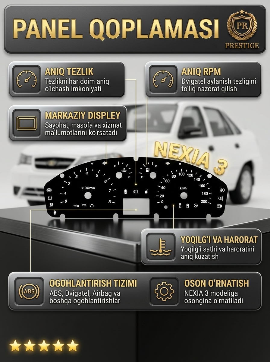 Nexia 3 priborlar paneli uchun qoplama, spidometr uchun zamonaviy yorliq