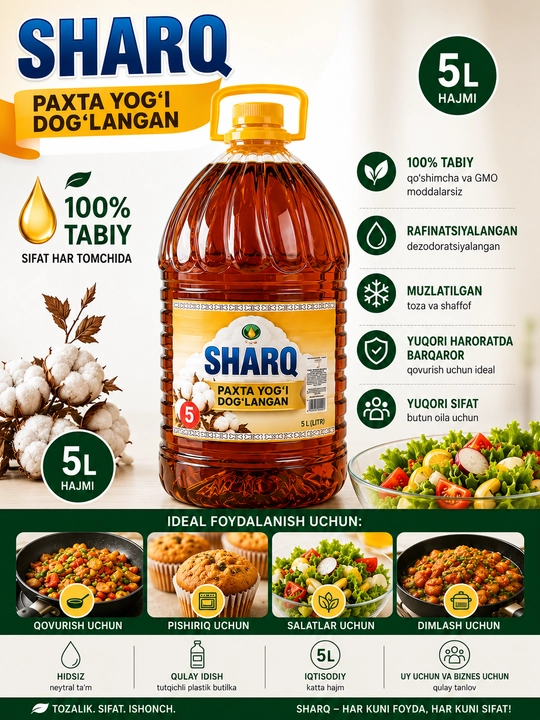 "SHARQ" tozalangan va dezodoratsiyalangan paxta yog'i, 5 litr - 