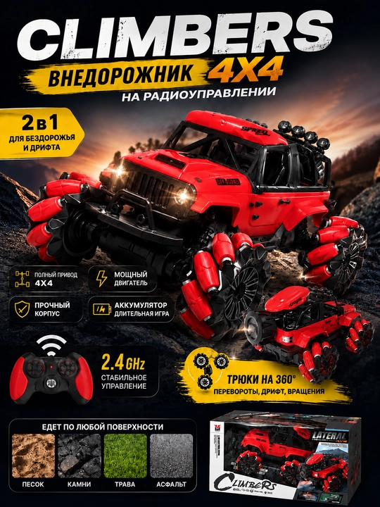 Игрушечный внедорожник на радиоуправлении с подсветкой фар, дымовым эффектом, музыкальным - 